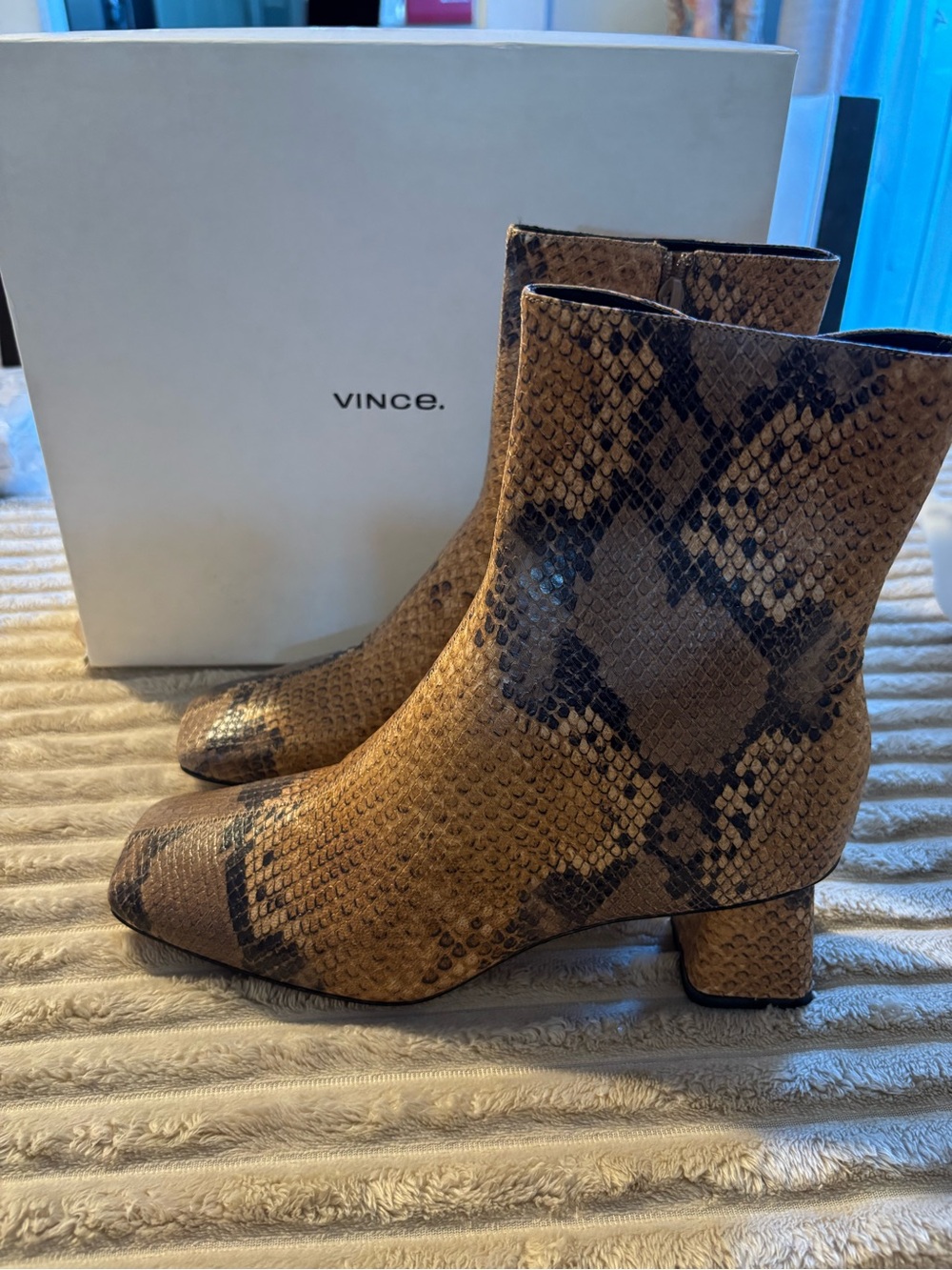 Vince Tan & Black Snake-Print Ankle Booties